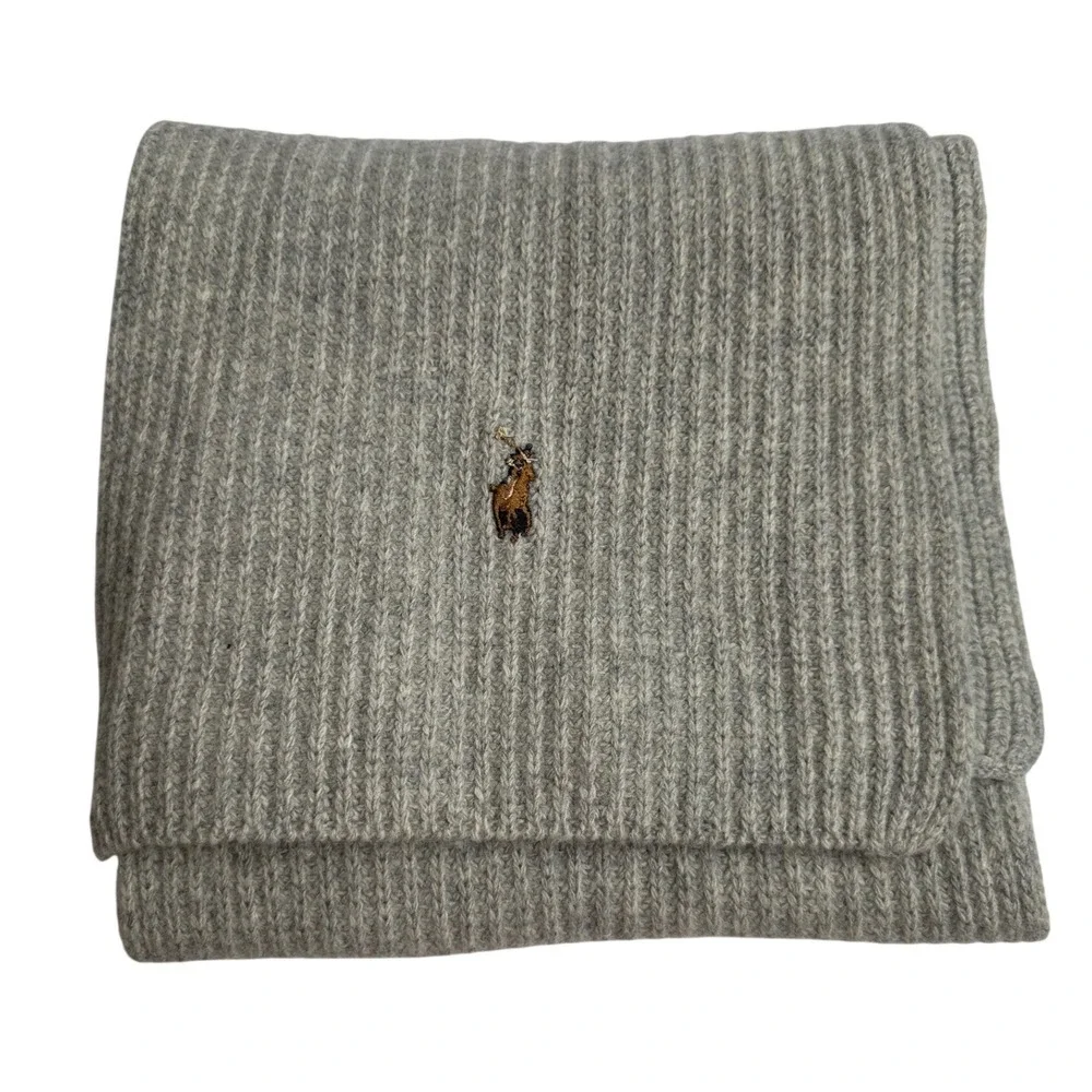 Polo Ralph Lauren Mens Grey Ribbed Wool Blend Scarf Embroidered Pony Logo NWT‎